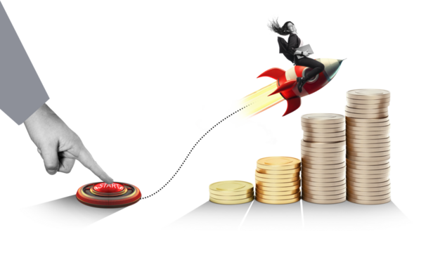 Art collage.  Launch of a red rocket with a smiling business woman on isolated free PNG Background. Successful start up concept. Leadership, leading to success or business vision concept