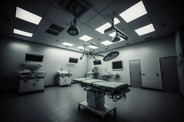 Fototapeta na wymiar Interior of emergency room in modern clinic with empty hospital beds, nurses station and various medical equipment. With no people 3D illustration on health care theme. Generative AI. 