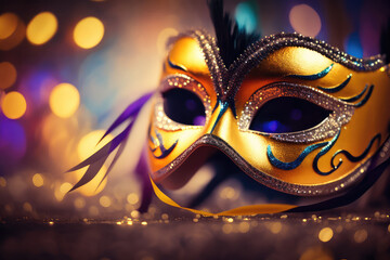 Carnival Party - Venetian Mask On Yellow Satin With Shiny Streamers On Abstract Defocused Bokeh Lights (ai generated)
