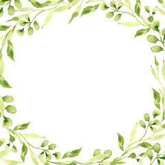 Watercolor spring green leaves frame