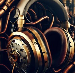 over ear headphones in steampunk style, pipes an cables, vintage technology - 584699748