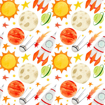 Watercolor space pattern with stars, planets, sun, rocket, moon on a white background. For various products for children