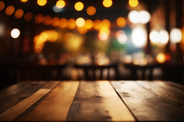 Old wood table with blurred concrete block wall in abstract glitter lights background.AI Generative