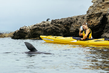 Woman on a sea kayaking tour in Perth, Australia taking a photo of a sea lion in the ocean