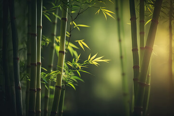 Obraz na płótnie Canvas Fresh Bamboo Trees In Forest With Blurred Background (ai generated)