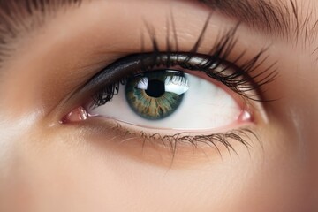 Obraz premium Stunning female eye in macro with natural makeup; chic and detailed. Generative AI