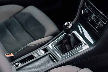 Modern car interior, control details, aluminum,car multimedia shown in the car interior, lever
gearbox.