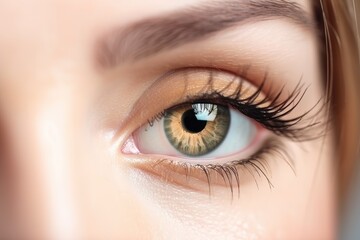 Stunning female eye in macro with natural makeup; chic and detailed. Generative AI