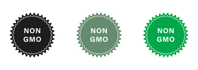 Non GMO Green and Black Stamp Set. Free Genetically Modified Product Label. Bio Eco Ingredients for Vegan Symbol. Vegetarian Healthy Food Sticker. Organic Nature Badge. Isolated Vector Illustration