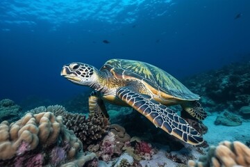 Fototapeta na wymiar Green sea turtle underwater, swimming among colorful coral reef in clear blue ocean. Generative AI