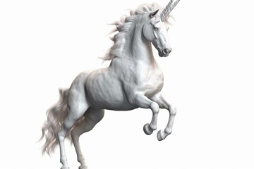 Naklejka na ściany i meble White unicorn rearing up on hind legs. Fairytale creature 3d illustration isolated on transparent background. Generative AI
