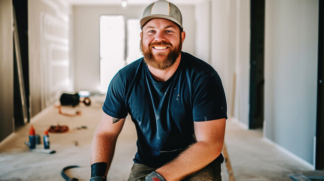 Builder smiling, construction site, positive worker, hard hat, generative ai