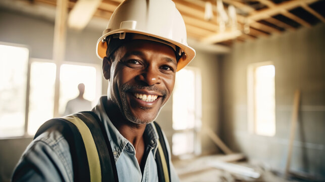 Builder smiling, construction site, positive worker, diversity, hard hat, generative ai