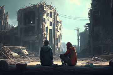 two people sit in a city destroyed after the war. Post apocalyptic scene