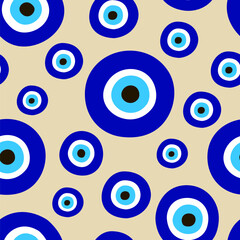 Seamless pattern with evil eyes. Symbol of protection Turkey, Greece, Cyprus, Crete. Background with magic items, attributes. Amulet - blue Turkish Fatima s Eye
