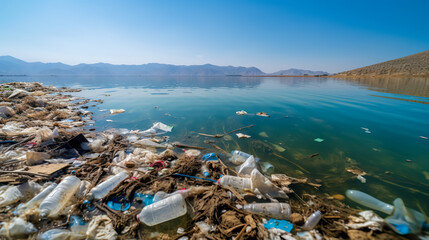 Plastic pollution in ocean. Problem plastic bottles and microplastics floating in the open ocean. Marine plastic pollution concept. Generative AI