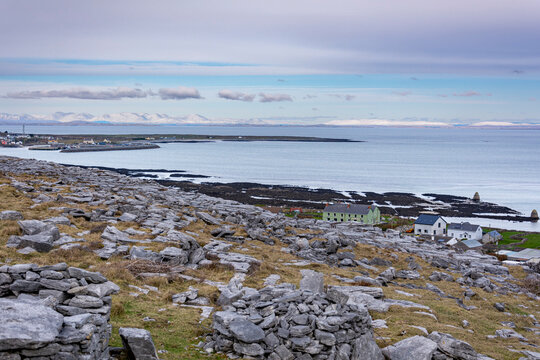 View from uphill towards the town and the shore at Inishmore, Ireland