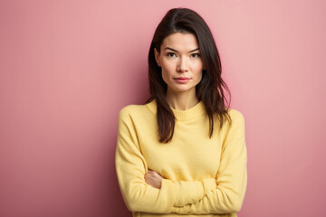 Fototapeta premium Gorgeous young Asian woman standing looking at camera in casual clothes on pink background.AI Generative