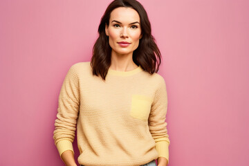 Obraz premium Gorgeous young Asian woman standing looking at camera in casual clothes on colorful background.AI Generative