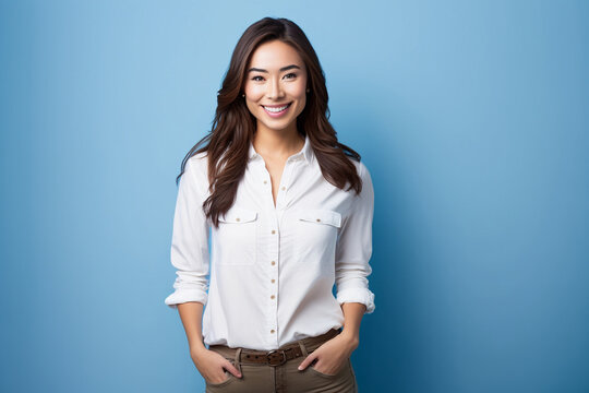 Gorgeous young Asian woman standing looking at camera in casual clothes on blue background.AI Generative