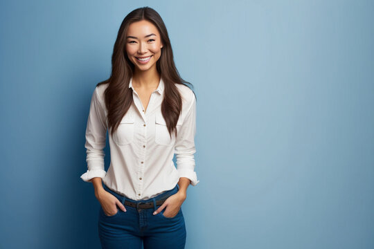 Gorgeous young Asian woman standing looking at camera in casual clothes on blue background.AI Generative