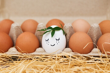 Easter holiday. Eggs in an eco box, one egg with a smile. Concept of zero waste.