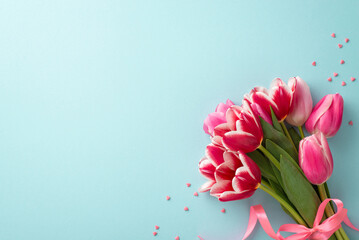 Mother's Day concept. Top view photo of bouquet of tulips tied with silk ribbon and heart shaped sprinkles on isolated pastel blue background with blank space