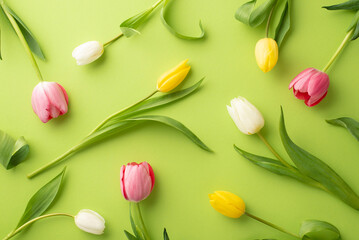 Fototapeta na wymiar Spring concept. Top view photo of scattered pink yellow and white tulips on isolated light green background