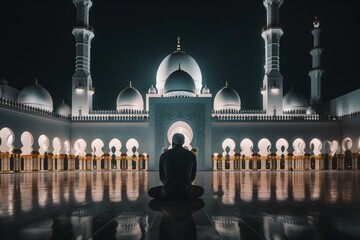 A Muslim man sitting in front of a beautiful and huge mosque. Night view of Muslim mosque illustration. Beautiful white mosque glowing on a night background. Beautiful religious concept. Generative AI