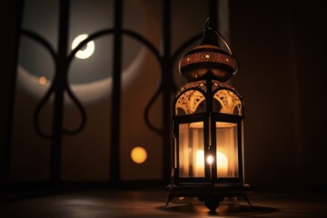 An Arabian lamp burning in the night beside a window. Beautiful arab night concept illustration with an Arabian lantern on a blurry background. Islamic holy night concept illustration. Generative AI.