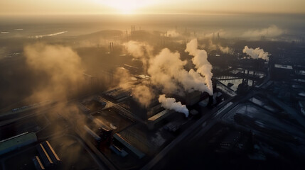 Aerial view of smokestacks at sunset. Industrial landscape. Generative AI