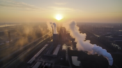 Fototapeta premium Aerial view of smokestacks at sunset. Industrial landscape. Generative AI
