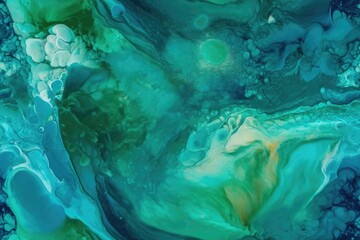 Fototapeta na wymiar Blue and green sea water grows in patterns. vibrant turquoise, milky blue, and green waters. phytoplankton in diatoms, seen from above. water with ink. Background is amorphous. Generative AI