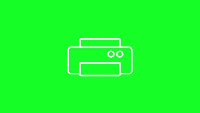 Animated printer white line icon. Office machine. Document printout. Loop HD video with chroma key, alpha channel on transparent background, black solid background. Outline motion graphic animation
