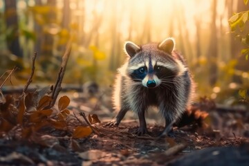 Cute little raccoon outdoors. Generative AI