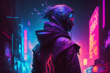Cyberpunk robot android man on night neon city background. Futuristic humanoid head. Cyber punk game concept illustration. Digital fantasy, virtual reality, ai future art. Technology and future