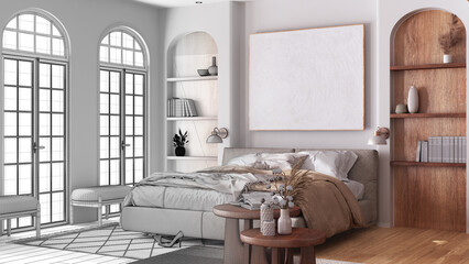 Architect interior designer concept: hand-drawn draft unfinished project that becomes real, bedroom in boho style with arched windows and parquet. Farmhouse style