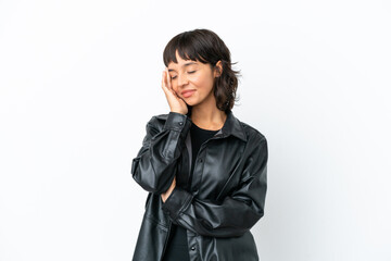 Young mixed race woman isolated on white background smiling a lot