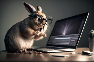 Angry easter bunny editing video on laptop. Generative AI.