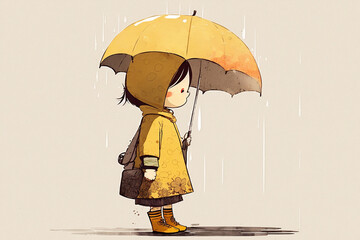 Small girl under the big umbrella in the rain, cartoon style. Generative AI