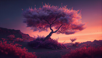 Naklejka na ściany i meble beautiful sakura sunset in the mountains create with generative AI
