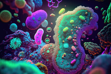 AI generated medical illustration of virus bacteria microbe cancer cell isolation different colors