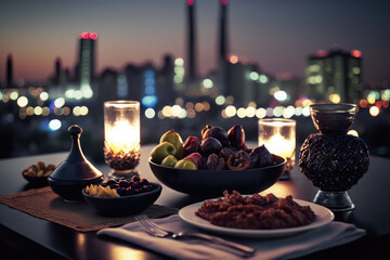 Close up variety of table with arabic food during iftar meal on ramadan AI generated