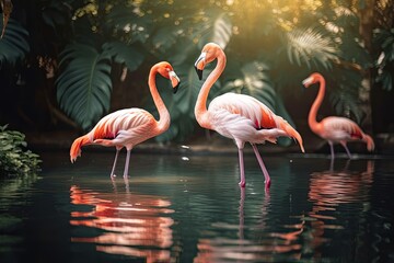 Fototapeta na wymiar Elegant Exotic Flamingo Brightly Strolling Through Tropical Lake: A Vibrant and Colourful Feathery Eye-Catching Environment. Generative AI