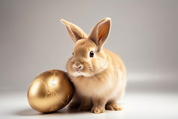 Celebrate Easter with a Golden Egg - Cute Rabbit and Fluffy Easter Bunny: Generative AI