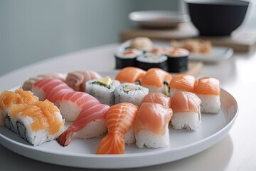 Epicurean Delight: Closeup of Japanese Sushi Set on White Kitchen Table. Generative AI