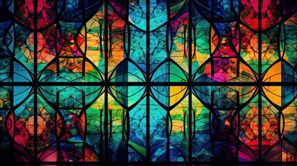 Luminous Beauty of a Multi-Colored Stained-Glass Window: An Abstract Art Nouveau Decoration for Interior. Generative AI