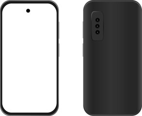 Detailed realistic black smartphone with white screen on white background, front and back.