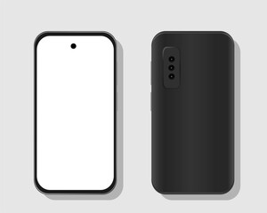Detailed realistic black smartphone with white screen on white background, front and back.