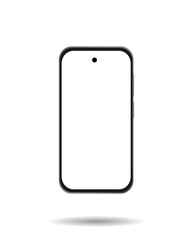 Detailed realistic black smartphone with white screen on white background.
